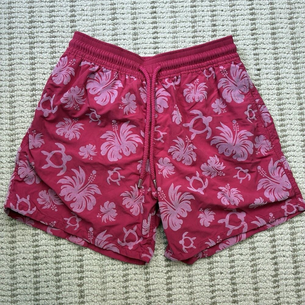 Vilebrequin Moorea Swim Trunks Pink Flocked Turtle Heart Tahiti Shorts Mens S